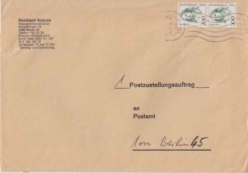 Berlin - 2x300 Pfg. Frauen Postzustellauftrag Ortsbrief Berlin 1990
