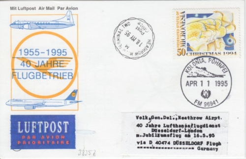 Micronesia - Lufthansa Jubiläumsflug Düsseldorf - London 1995 Zuleitungspost