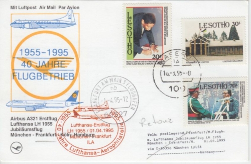 Lesotho - Lufthansa Zuleitung Erstflug München - Frankfurt ILA 1995 Schmuckkarte