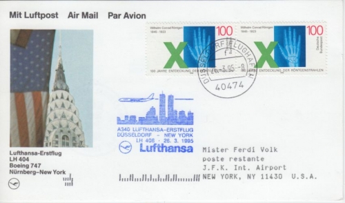 BRD - 2x100 Pfg. Röntgen Lufthansa Erstflug Düsseldorf New York 1995