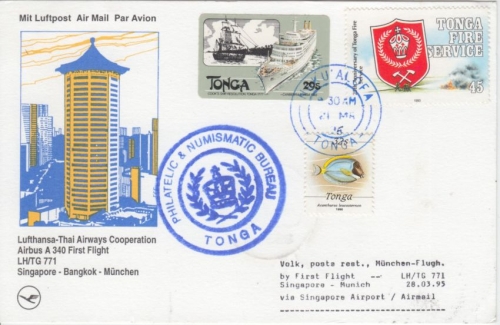 Tonga - Zuleitungspost Lufthansa-Erstflug Singapur - München 1995