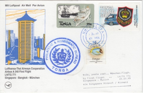 Tonga - Zuleitungspost Lufthansa-Erstflug Singapur - München 28.3.1995