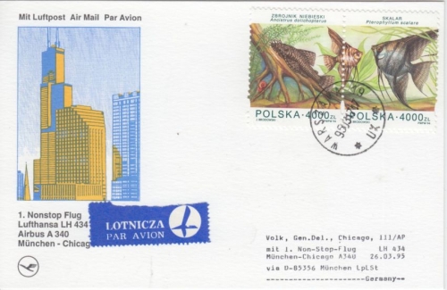 Polen 2x4000 Zl Aquarienfische Zuleitung Lufthansa-Erstflug München Chicago 1995