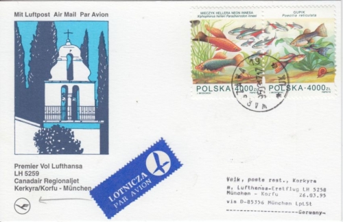 Polen - 2x4000 Zl Aquarienfische Zuleitung Lufthansa-Erstflug München Korfu 1995