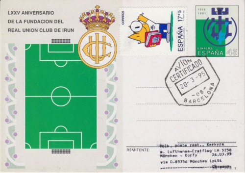 Spanien 75 J. Real Union Irun Ganzsache Zuleitung LH-Erstflug München Korfu 1995