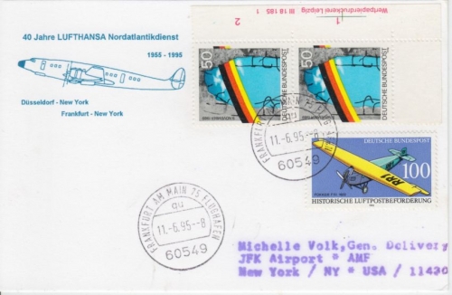 BRD - 50 Pfg. Dt. Einheit Bogenecke Druckvermerk LH-Sonderflug FFM New York 1995