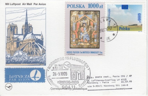 Polen - Lufthansa Erstflug Nürnberg - Paris 1995 Zuleitungspost Schmuckkarte
