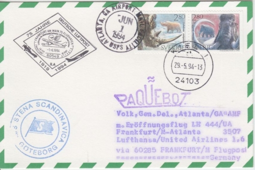 Schweden - Prähistorische Tiere Lufthansa Erstflug FFM Atlanta 1994 Schiffspost