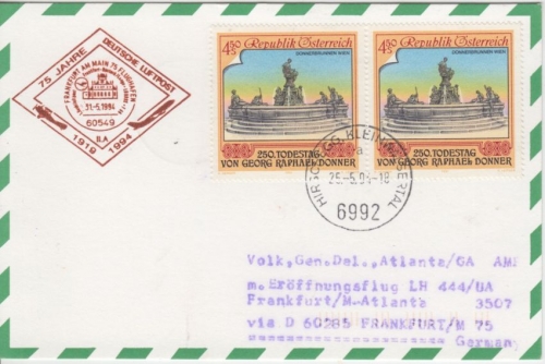 Österreich - 2x4,50 S. Donnerbrunnen LH-Erstflug FFM Atlanta Zuleitungspost 1994