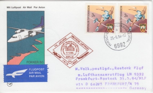 Österreich - 2x3 S. Tennisspieler LH-Erstflug FFM Rostock Zuleitungspost 1994