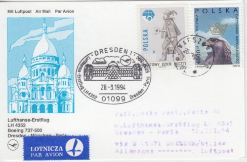 Polen - Zuleitungspost Lufthansa Erstflug Dresden - Paris 1994