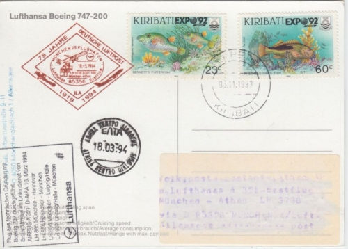 Kiribati - Zuleitungspost Lufthansa Erstflug München - Athen 1994