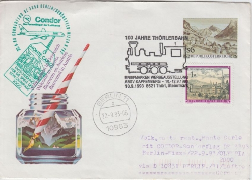 Österreich 100 J Thörlerbahn Zuleitung Condor Sonderflug Berlin Monte Carlo 1993