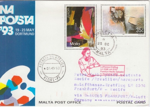 Malta - Sonderganzsache Naposta Lufthansa Erstflug FFm Recife Zuleitung 1993