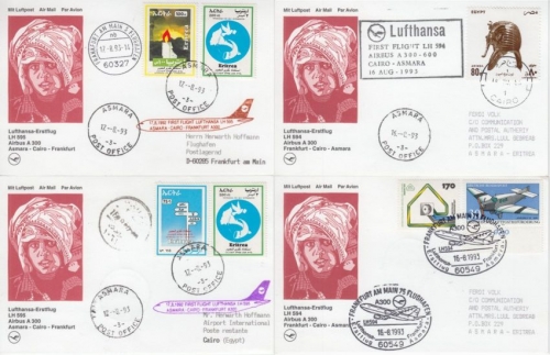 BRD/Ethiopien/Ägypten - Lufthansa-Erstflug hin/retour + Etappen 4 Belege 1993