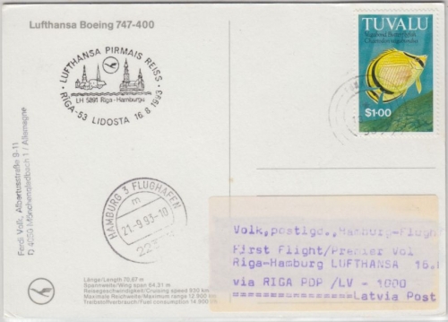 Tuvalu - Lufthansa Erstflug Riga - Hamburg 1993 seltene Zuleitungspost