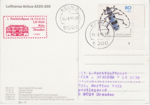 BRD - 80 Pfg. Jugend Käfer Bogenecke FORMNUMMER LH-Erstflug Köln Dresden 16.6.93