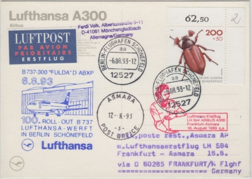 BRD - 200 Pfg. Jugend Käfer 100. Roll-out B737 + LH-Erstflug FFM Asmara 1993
