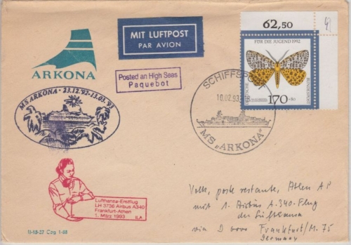 BRD - Schiffspost MS Arkona Zuleitung LH-Erstflug Frankfurt - Athen 1993