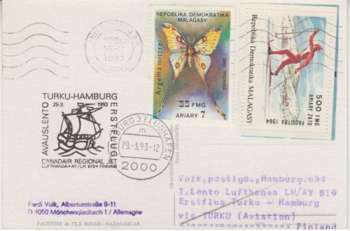Malagasy - Zuleitungspost Lufthansa Erstflug Turku - Hamburg 1993