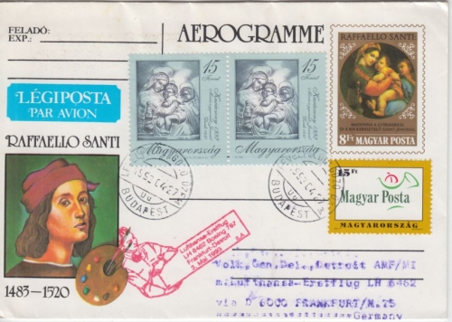 Ungarn Areogramme Raffaello Santi Zuleitung Lufthansa Erstflug FFM Detroit 1993