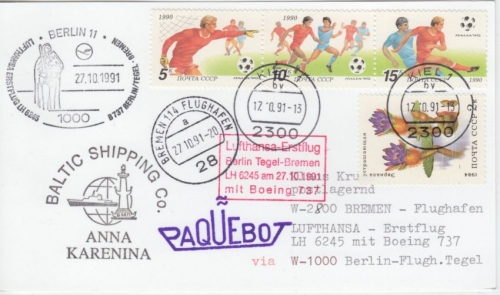 UdSSR - Lufthansa Erstflug Berlin - Bremen Zuleitungspost Baltic Shipping 1991