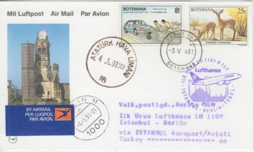 Botswana - Zuleitungspost Lufthansa Erstflug Istanbul - Berlin 1991