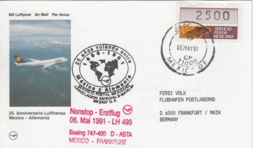 Mexiko - 2500 P. ATM Zuleitungspost Lufthansa Erstflug Mexico - Frankfurt 6.5.91