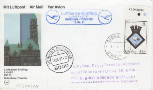 Gibraltar - Zuleitungspost Lufthansa Erstflug München - Toronto 1991
