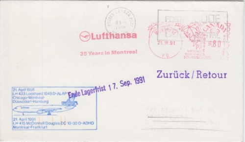 Canada - 80 C. Lufthansa AFS DC10-Flug Montreal - Frankfurt a/M. 1991