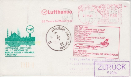 Canada - 35 J. Kanada-Dienst Zuleitung LH-Erstflug Berlin - Istanbul 1991