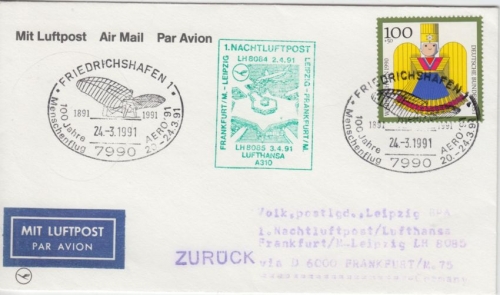 BRD - Friedrichshafen 1991 Zuleitung LH-Erstflug Nachtluftpost FFM - Leipzig