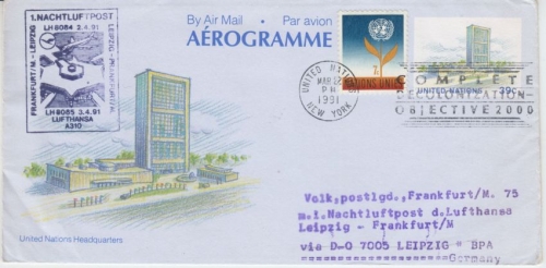 UNO New York - Zuleitung LH-Erstflug Nachtluftpost Leipzig - Frankfurt a/M 1991