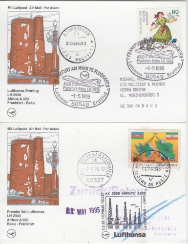BRD/Aserbaidschan - Lufthansa Erstflug FFM-Baku + Baku-FFM 1995 2 Belege