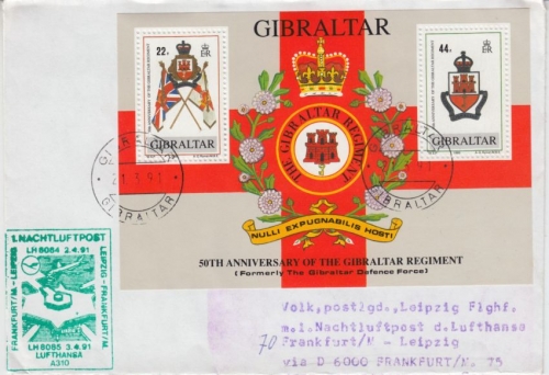 Gibraltar 50th A. Regiment Zuleitung Lufthansa 1. Nachtluftpost FFM Leipzig 1991