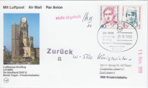 Berlin - 40+20 Pfg. Frauen Lufthansa Erstflug Berlin - Friedrichshafen 1990