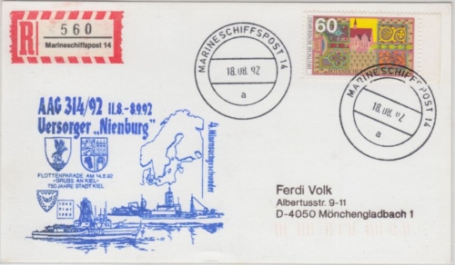 BRD - Marineschiffspost 14 Versorger Nienburg AAG 314/92 Einschreibekarte