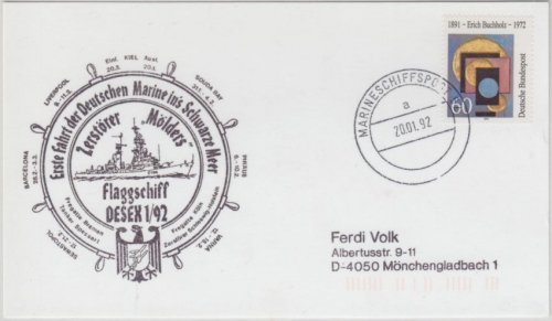 BRD - Marineschiffspost 52 Zerstörer Mölders DESEX 1/92 Karte 1992