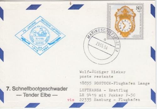 BRD Marineschiffspost 52 Tender Elbe Zuleitung LH-Erstfflug Hamburg Rostock1994