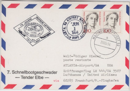 BRD Marineschiffspost 52 Tender Elbe Zuleitung LH-Erstfflug FFM - Atlanta 1994