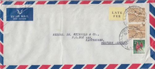 Neuseeland - 2x1'9 Sh u.a. Freimarken Luftpostbrief Late fee Wellington 1960 n.