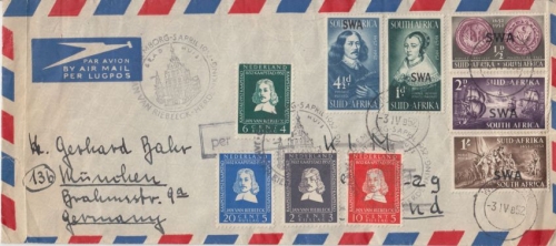 Niederlande/SWA - Jan van Riebeck 1952 - beide Sätze a. Luftpostbrief n. München