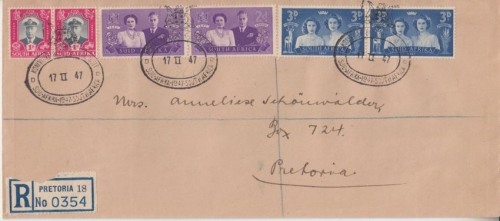 Südafrika - Royal Visit Satz (Paare) Einschreibebrief FDC Pretoria 17.2.1947