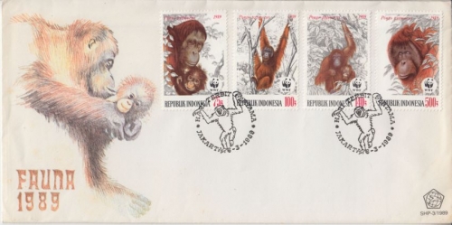 Indonesien - Fauna 1989 WWF Orang-Utan Monkeys Schmuck-FDC