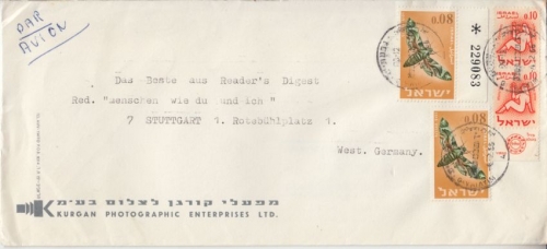 Israel - 8 A. Schmetterling Bogenrand m. Bogennummer u.a. Luftpostbrief 1966