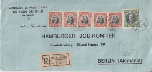 Chile - 1 P. + 5x20 C. Freimarken Einschreibebrief Valparaiso - Berlin 1929