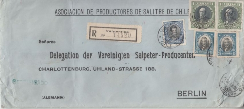 Chile - 2x1 P. + 2x25+10 C. Freimarken Einschreibebrief Valparaiso - Berlin 1928