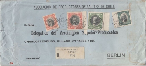 Chile - 2+1 P. + 50+20 C. Freimarken Einschreibebrief Valparaiso - Berlin 1927