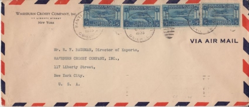 Karibik - 4x5 C Flugpostausgabe Luftpostbrief n. USA Santiago de C New York 1935