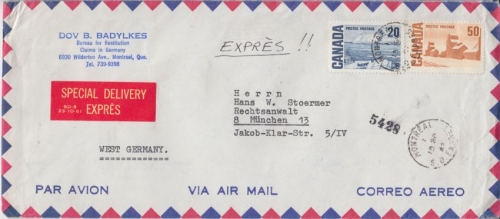Canada - 50+20 C. Freimarken Luftpost Expressbrief Montreal - München 1967